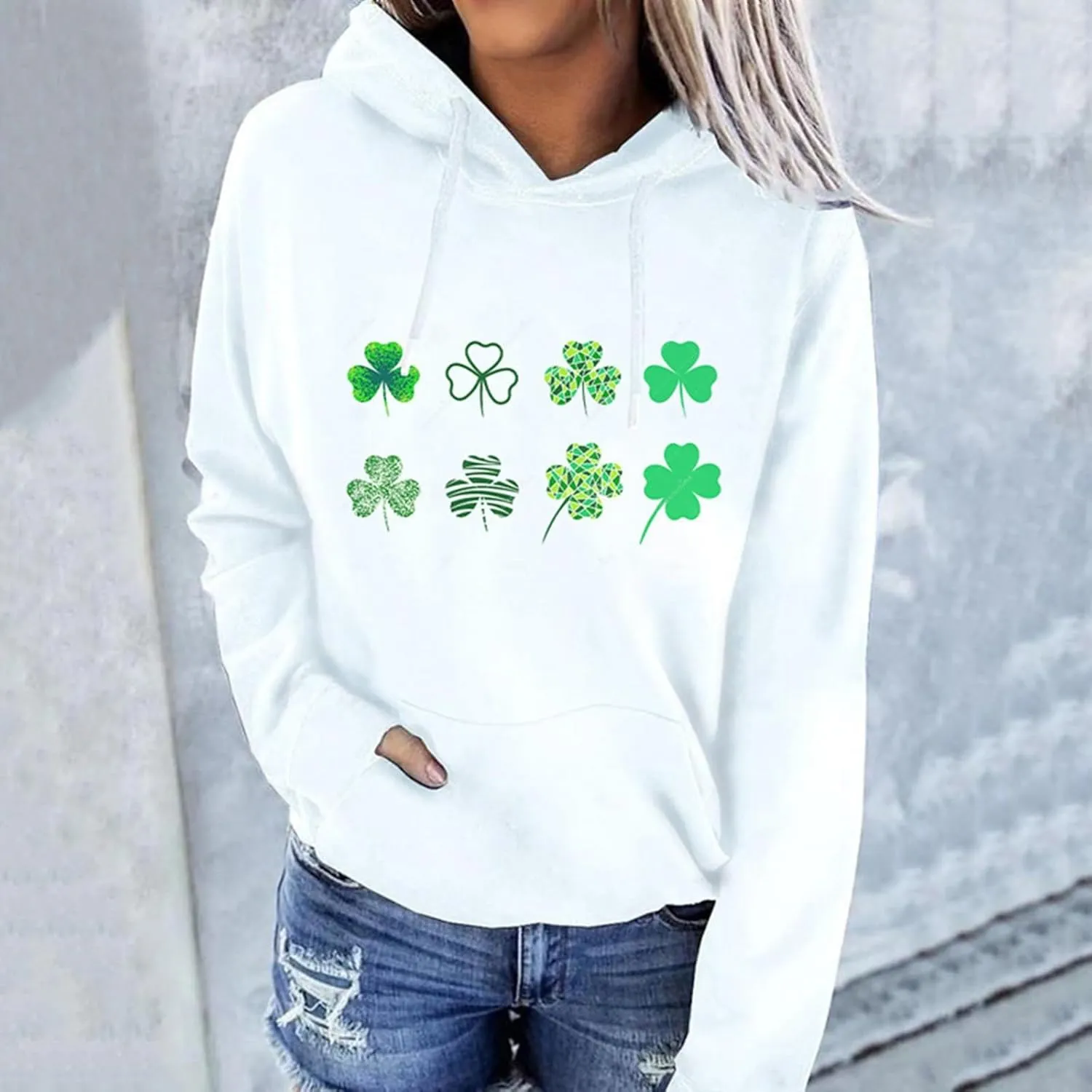 St. Patrick's Day Hoodies for Women Casual Long Sleeve Hooded Sweatshirts Novelty Clover Shamrock Print Pullover Tops