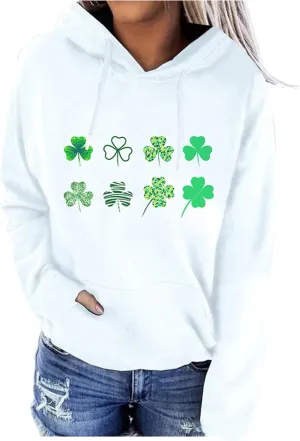 St. Patrick's Day Hoodies for Women Casual Long Sleeve Hooded Sweatshirts Novelty Clover Shamrock Print Pullover Tops