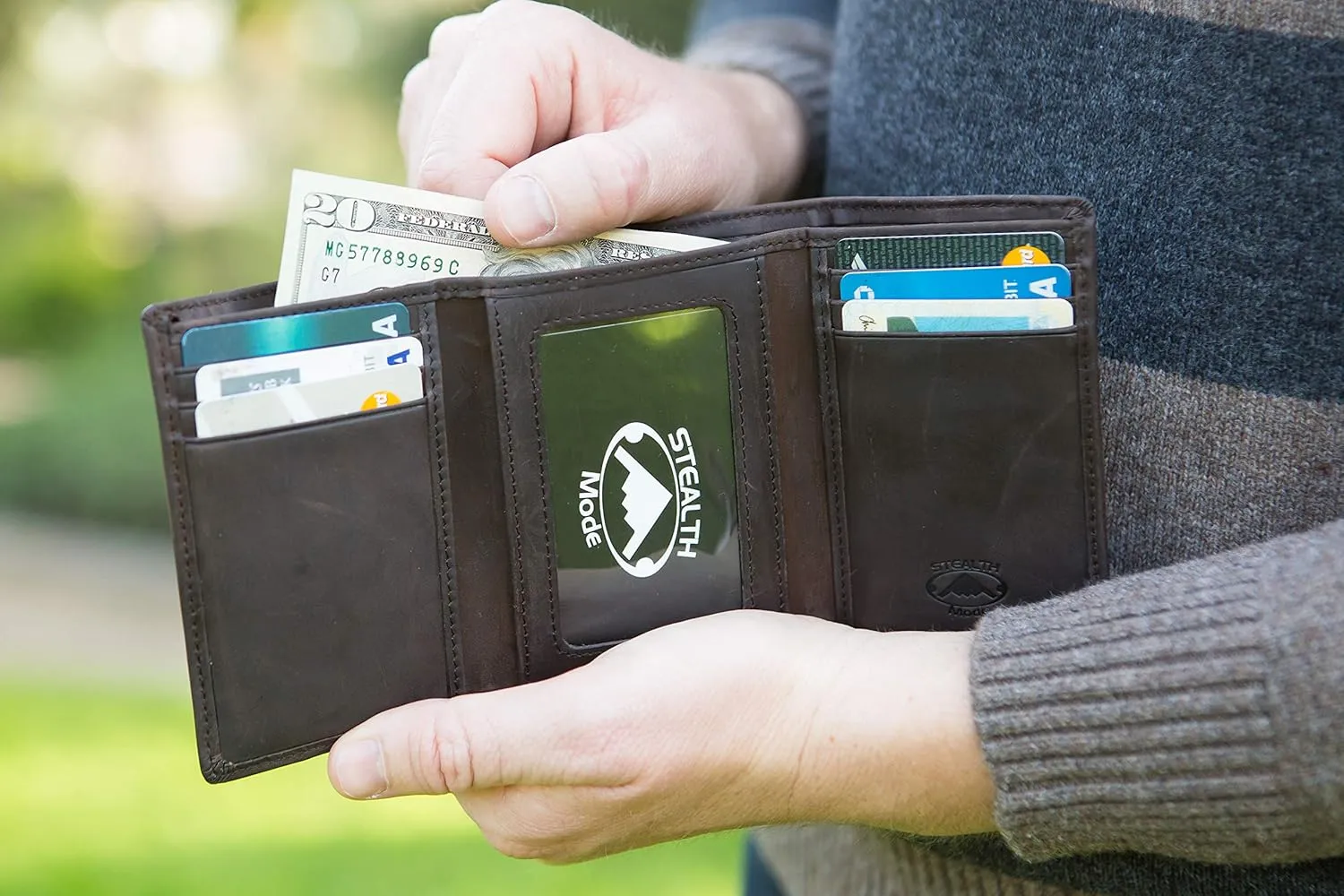 Stealth Mode Trifold Leather Wallet for Men with RFID Blocking