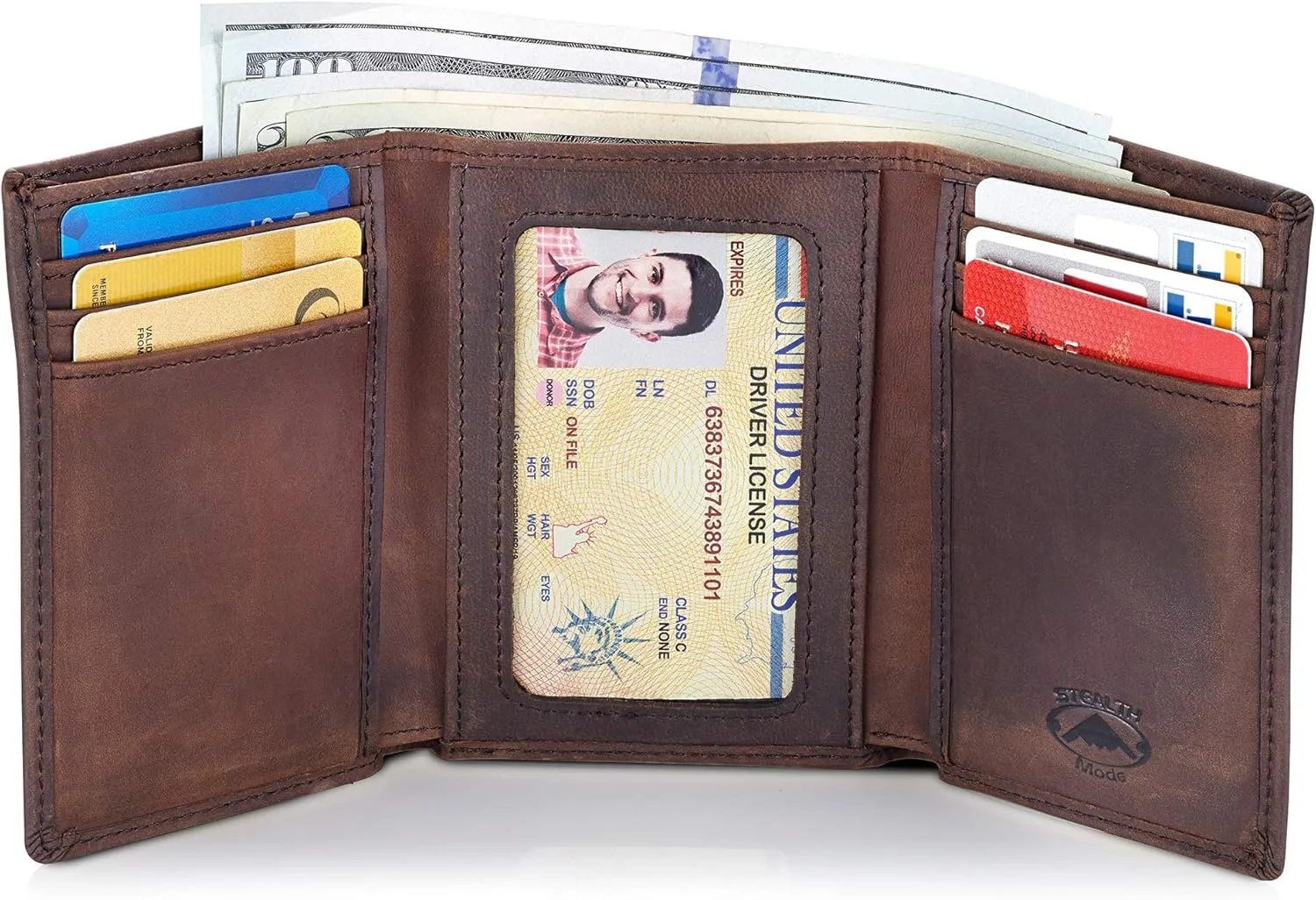 Stealth Mode Trifold Leather Wallet for Men with RFID Blocking