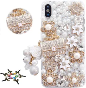 STENES Sparkle Case Compatible with Moto G Power 5G 2025 Case - Stylish - 3D Handmade Bling Girls Bag Pearl Pendant Flower Rhinestone Crystal Diamond Design Girls Women Cover - Gold