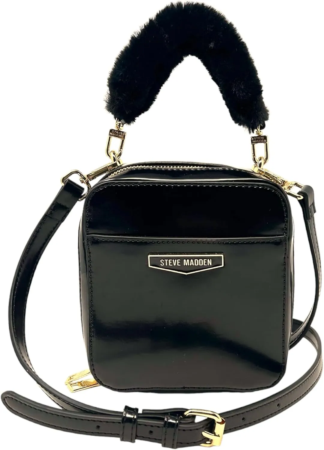 Steve Madden Boxy Crossbody Bag with Faux Fur Handle (Black)