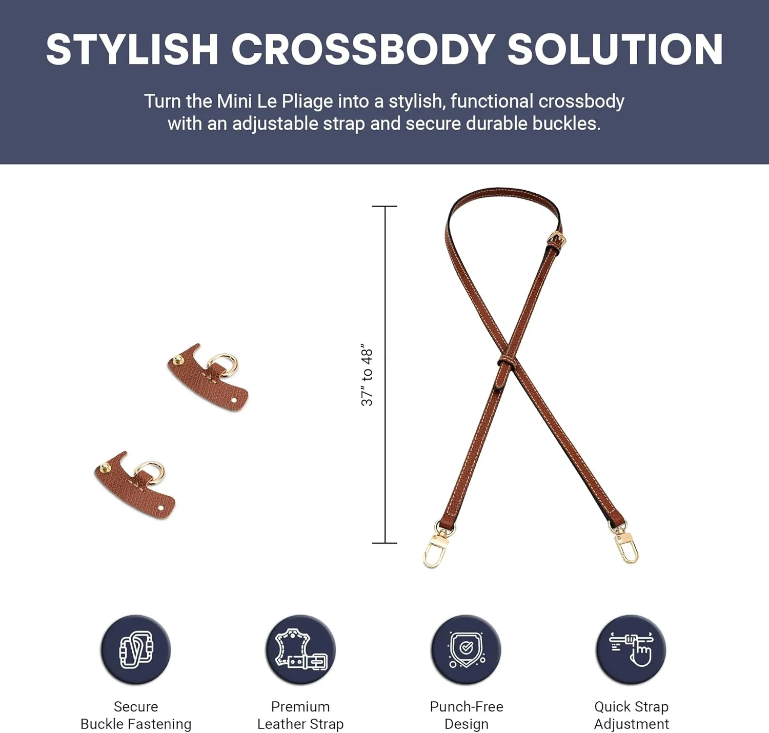 Strap Set for Mini Le Pliage- Handbag Conversion Kit -Punch Free Adjustable Crossbody Strap & Buckles
