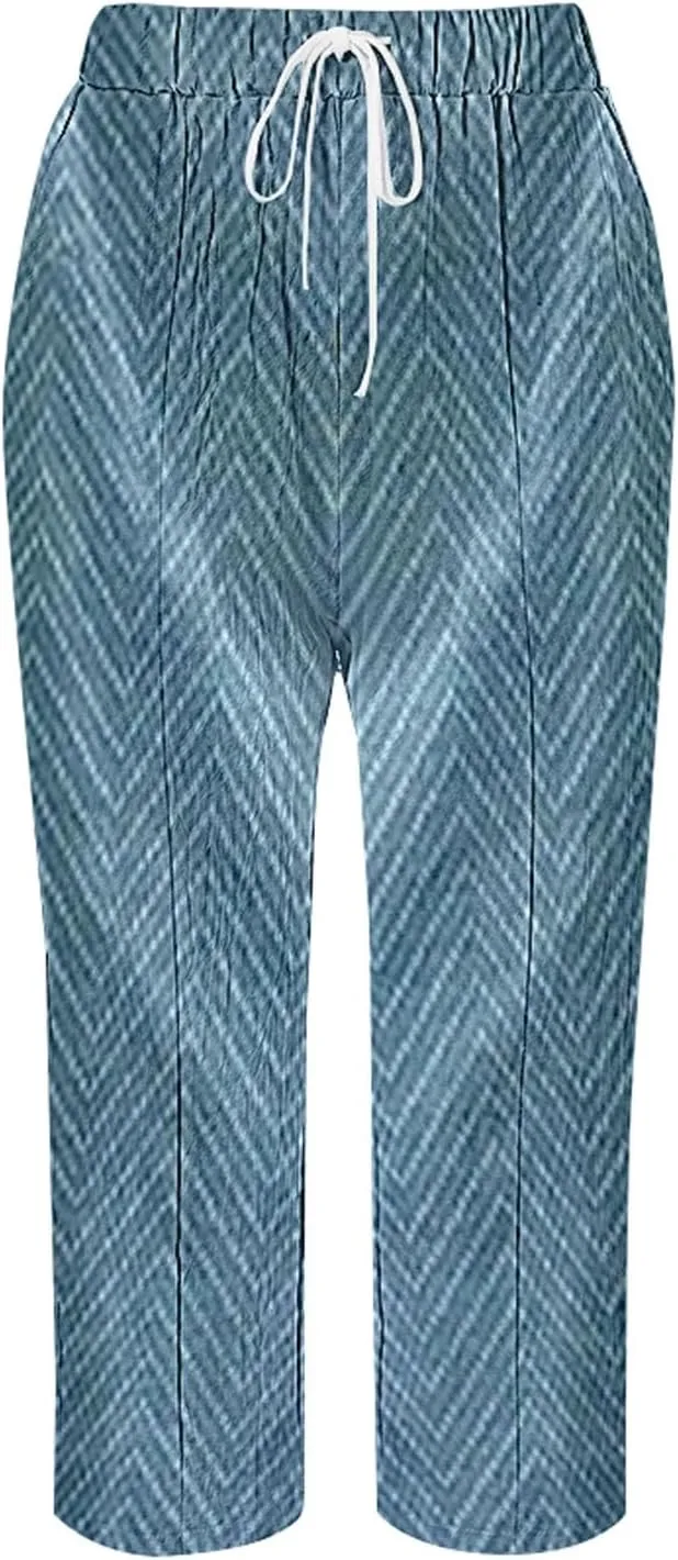 Striped Linen Capris Women Casual Drawstring Pants Casual Lounge Travel Trousers with Pockets Women Linen Pants