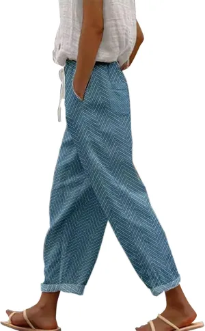 Striped Linen Capris Women Casual Drawstring Pants Casual Lounge Travel Trousers with Pockets Women Linen Pants