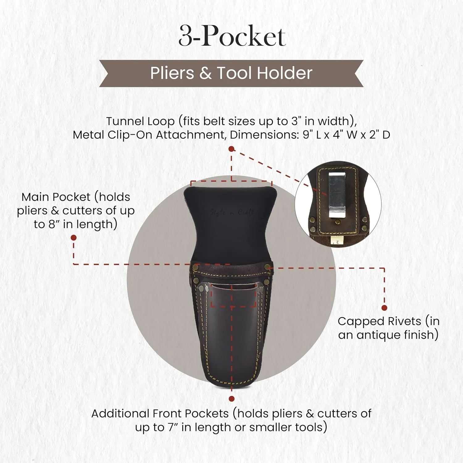 Style N Craft Pliers & Tool Holder, Full-Grain Oiled Leather Tool Pouch, Multi Tool Holder