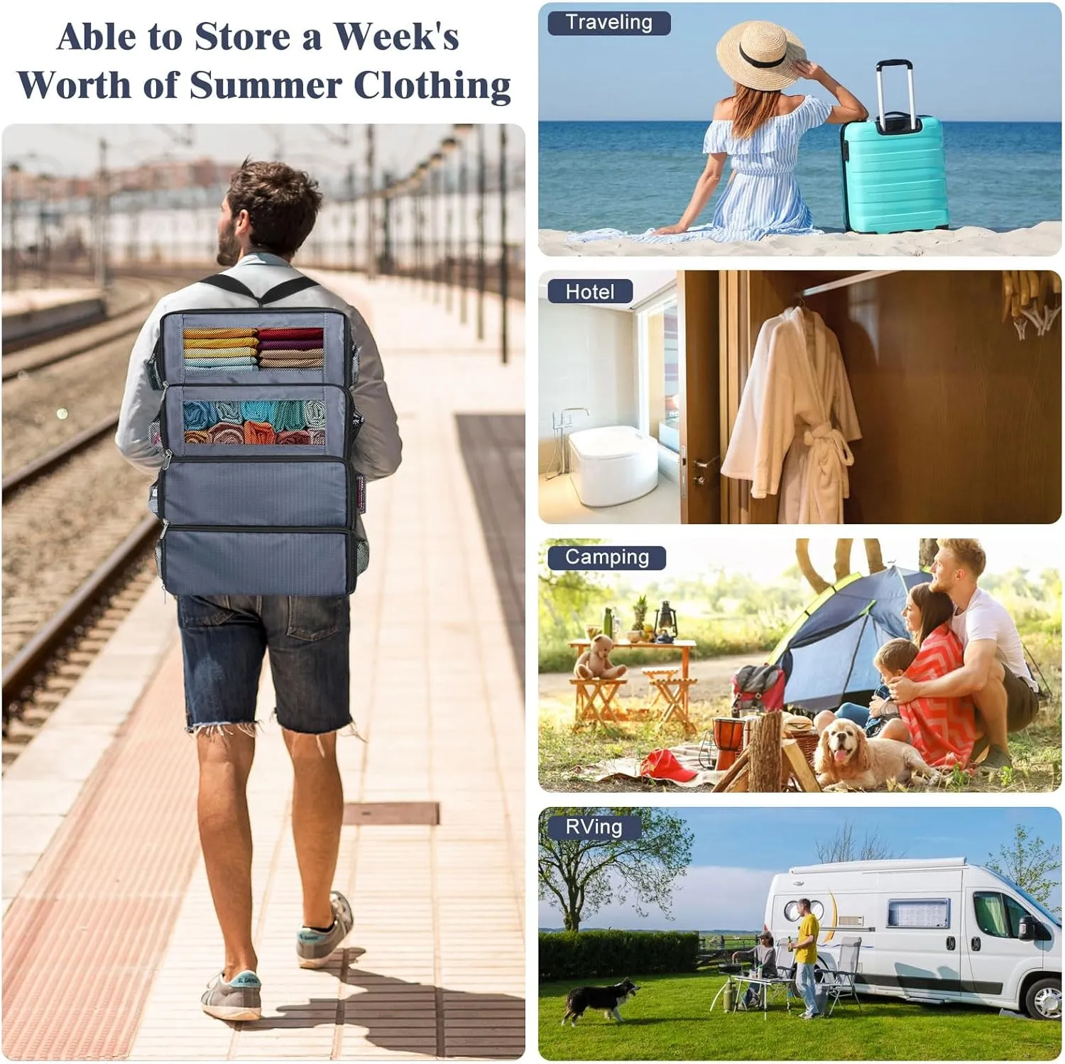 Suitcase Organizer, Carry on Closet Luggage Organizers Accessories for Travel, Foldable and Hangable Portable Hanging Travel Shelves with a Shoulder Strap to Use As a Travel Backpack Large, Gray