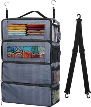 Suitcase Organizer, Carry on Closet Luggage Organizers Accessories for Travel, Foldable and Hangable Portable Hanging Travel Shelves with a Shoulder Strap to Use As a Travel Backpack Large, Gray