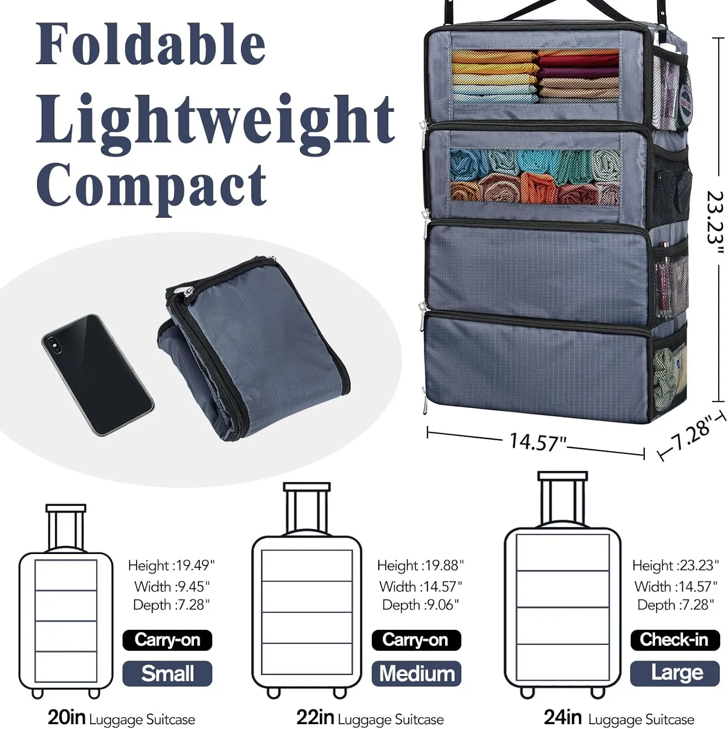 Suitcase Organizer, Carry on Closet Luggage Organizers Accessories for Travel, Foldable and Hangable Portable Hanging Travel Shelves with a Shoulder Strap to Use As a Travel Backpack Large, Gray