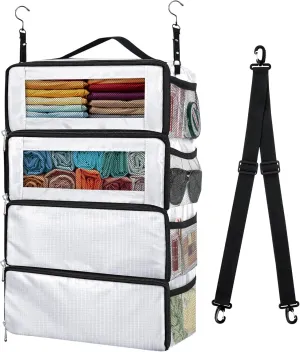 Suitcase Organizer, Carry on Closet Luggage Organizers Accessories for Travel, Foldable and Hangable Portable Hanging Travel Shelves with a Shoulder Strap to Use As a Travel Backpack Large, White