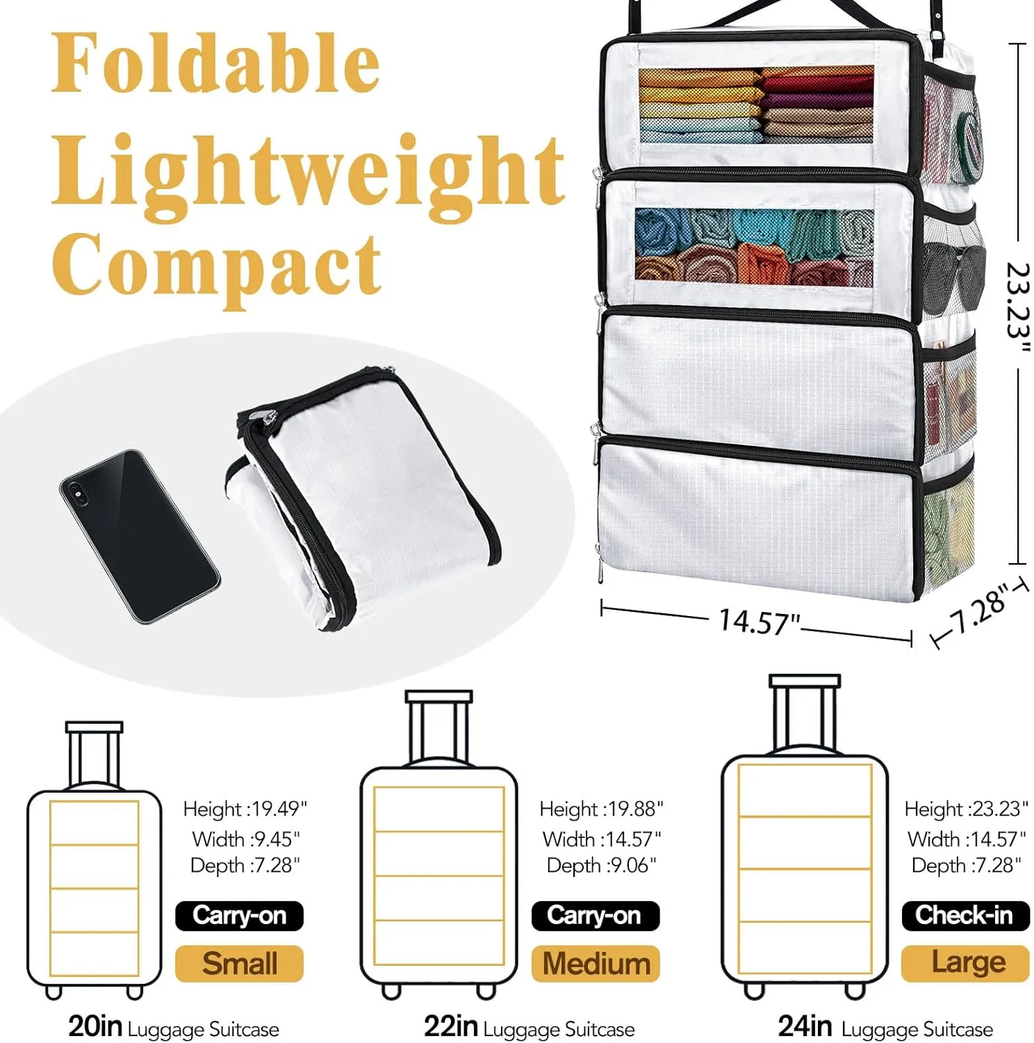 Suitcase Organizer, Carry on Closet Luggage Organizers Accessories for Travel, Foldable and Hangable Portable Hanging Travel Shelves with a Shoulder Strap to Use As a Travel Backpack Large, White