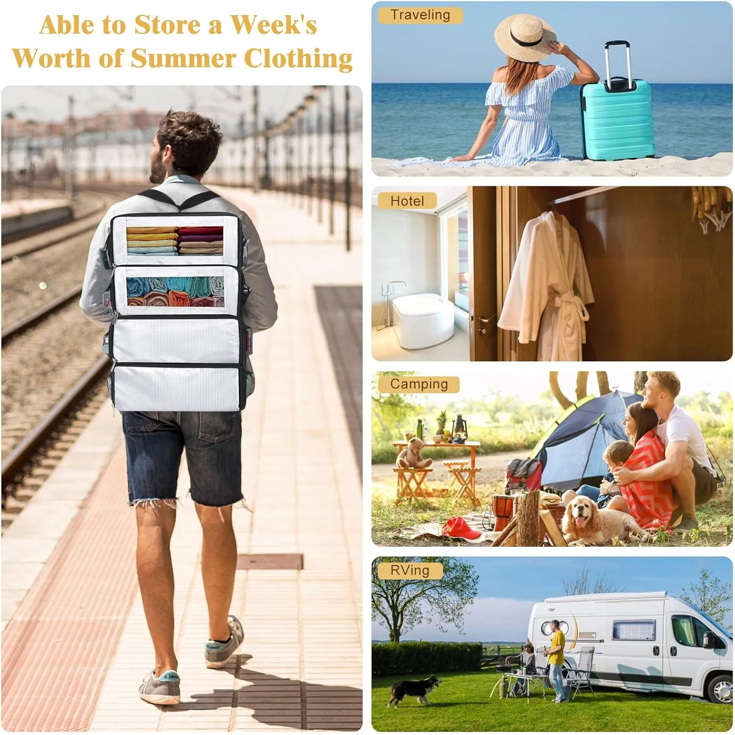 Suitcase Organizer, Carry on Closet Luggage Organizers Accessories for Travel, Foldable and Hangable Portable Hanging Travel Shelves with a Shoulder Strap to Use As a Travel Backpack Large, White