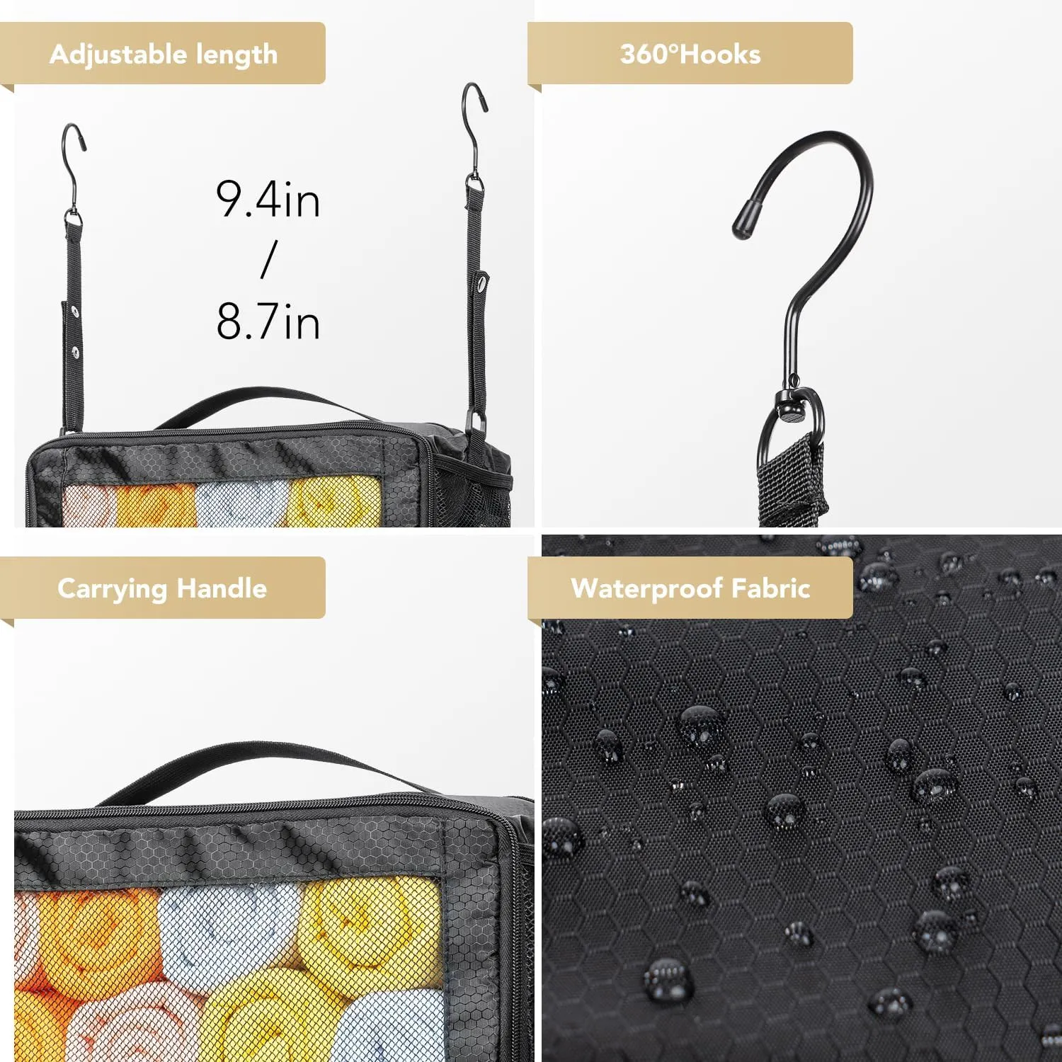 Suitcase Organizer - Hanging Travel Organizer with Carry On Luggage Compartments, Portable Hanging Shelves Packing Cubes for Cruise Ship Essentials, Medium, Black