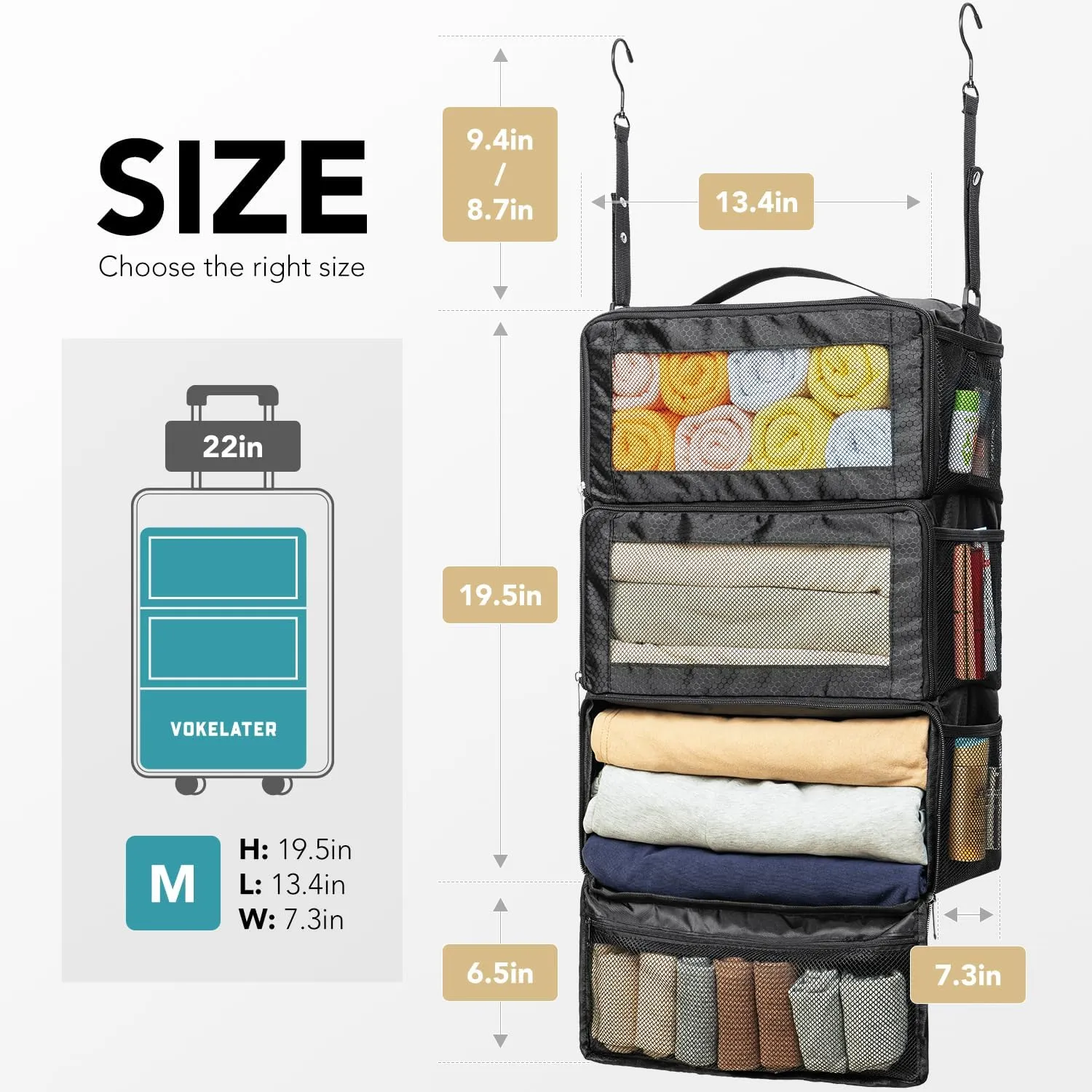 Suitcase Organizer - Hanging Travel Organizer with Carry On Luggage Compartments, Portable Hanging Shelves Packing Cubes for Cruise Ship Essentials, Medium, Black