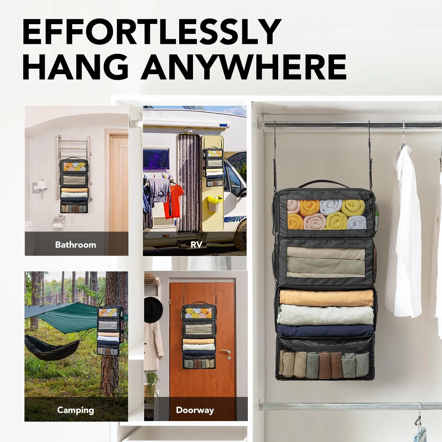 Suitcase Organizer - Hanging Travel Organizer with Carry On Luggage Compartments, Portable Hanging Shelves Packing Cubes for Cruise Ship Essentials, Medium, Black