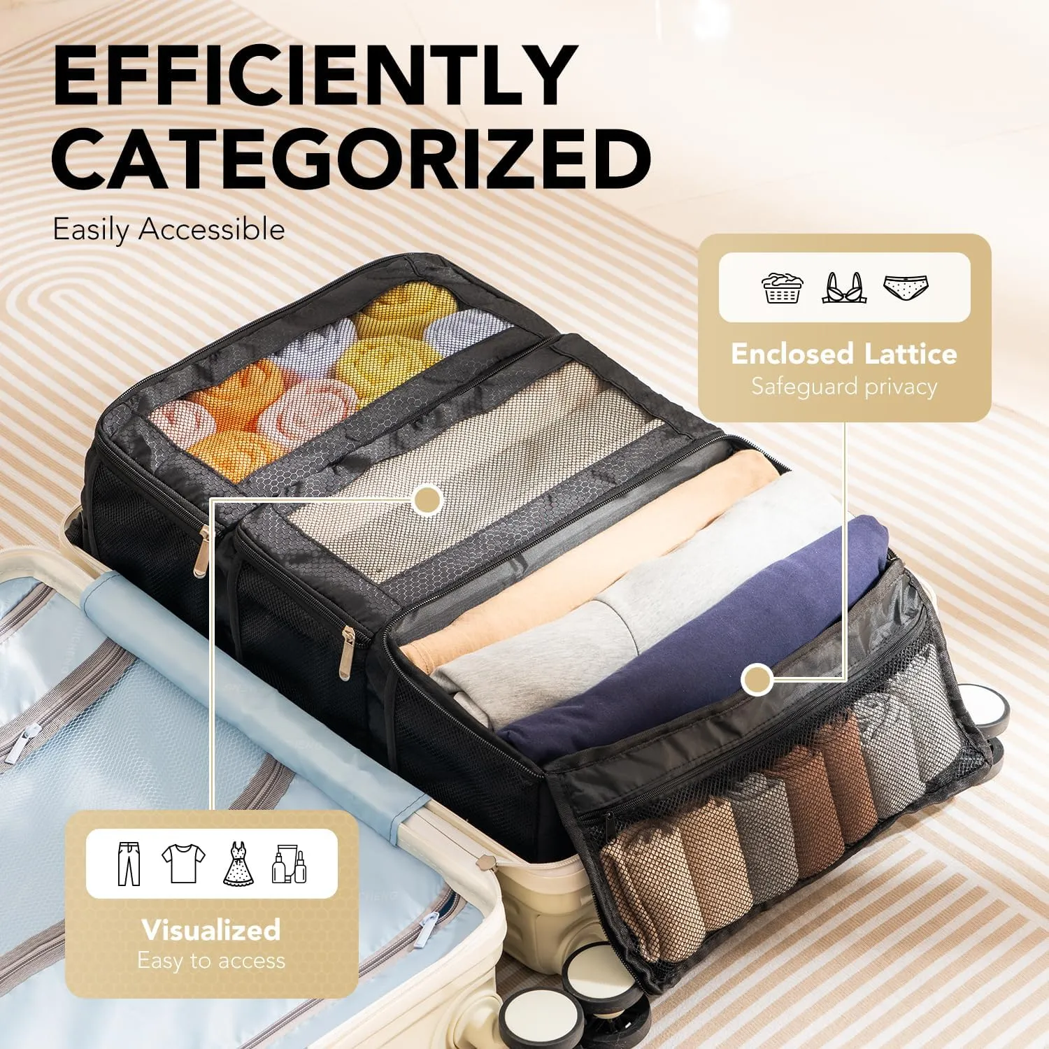 Suitcase Organizer - Hanging Travel Organizer with Carry On Luggage Compartments, Portable Hanging Shelves Packing Cubes for Cruise Ship Essentials, Medium, Black