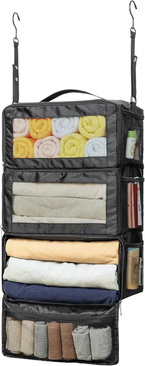 Suitcase Organizer - Hanging Travel Organizer with Carry On Luggage Compartments, Portable Hanging Shelves Packing Cubes for Cruise Ship Essentials, Medium, Black