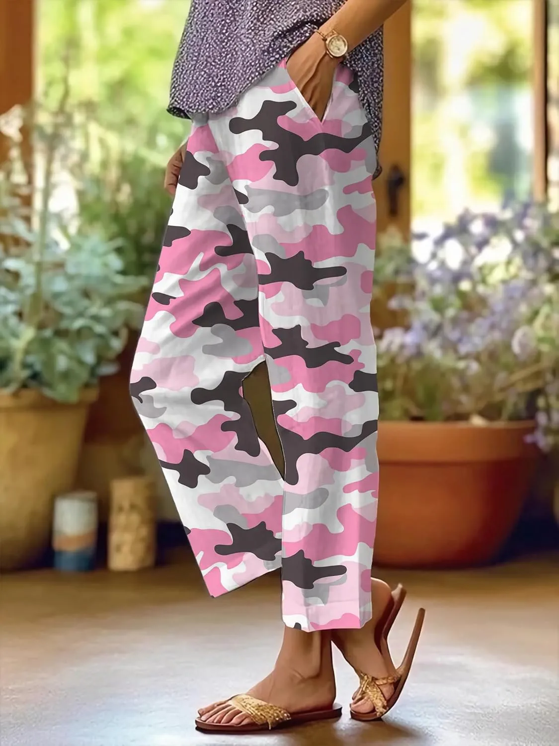 Summer Casual Wide Leg Linen Pants for Women Comfy Baggy Palazzo Pants Boho Floral Print Beach Trousers