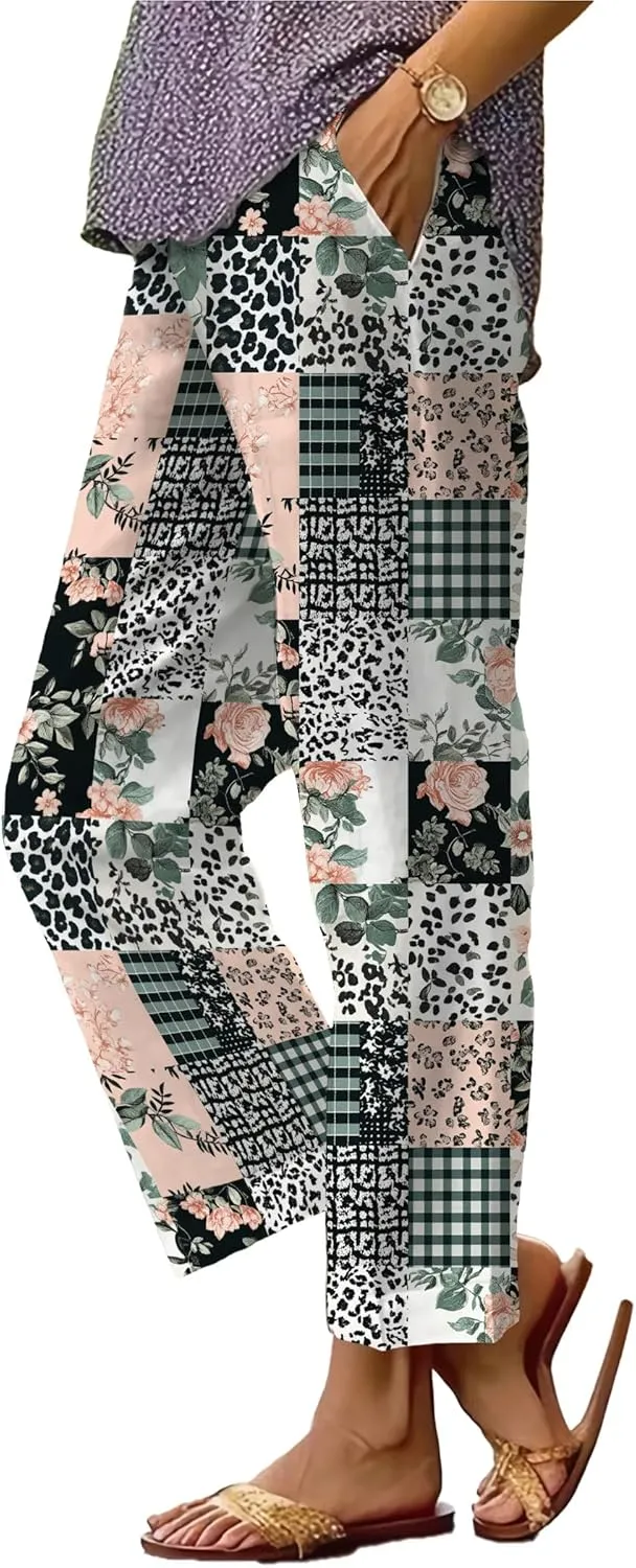Summer Casual Wide Leg Linen Pants for Women Comfy Baggy Palazzo Pants Boho Floral Print Beach Trousers