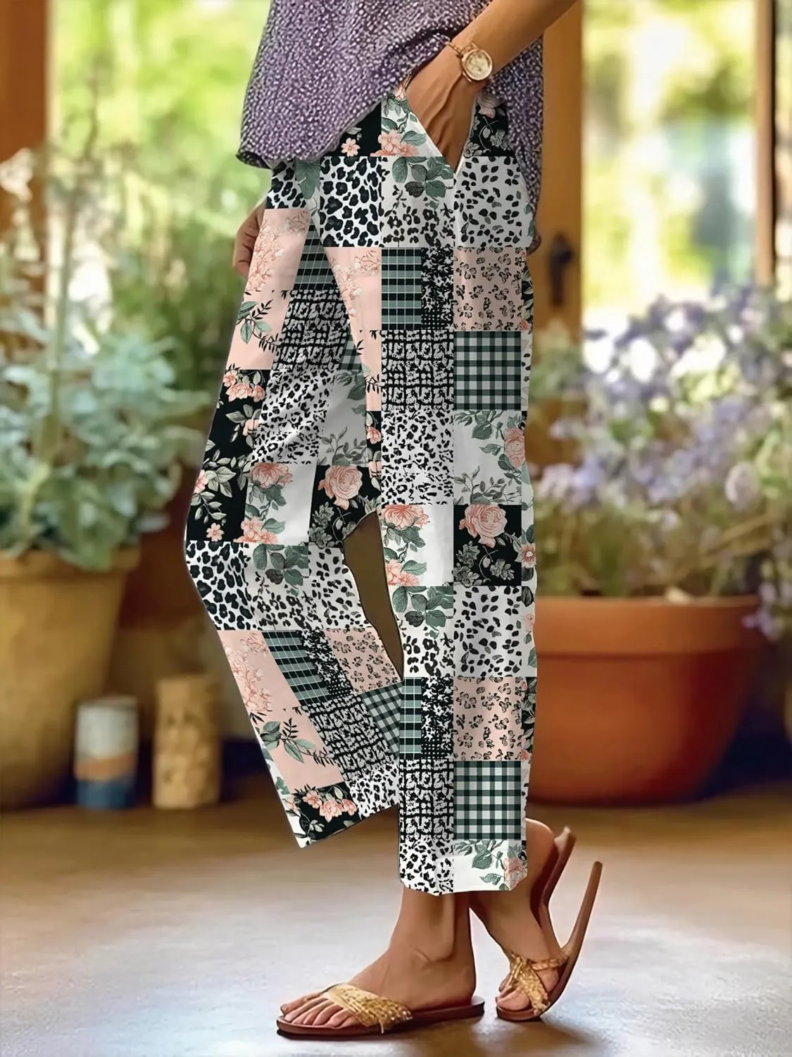 Summer Casual Wide Leg Linen Pants for Women Comfy Baggy Palazzo Pants Boho Floral Print Beach Trousers