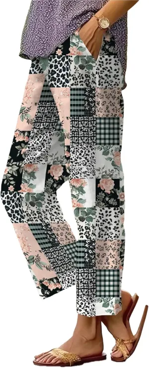 Summer Casual Wide Leg Linen Pants for Women Comfy Baggy Palazzo Pants Boho Floral Print Beach Trousers