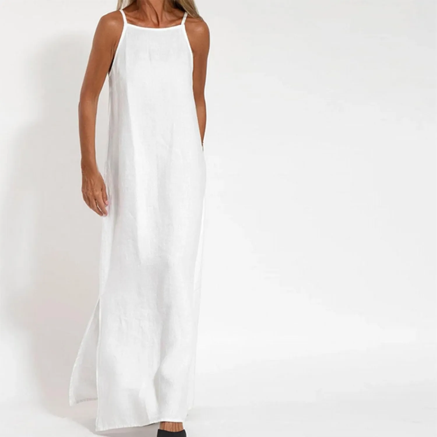 Summer Fashoin Women Solid Color Breathable Maxi Dress Loose Casual Pleated Sleeveless Strapes Long Dresses