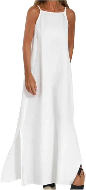 Summer Fashoin Women Solid Color Breathable Maxi Dress Loose Casual Pleated Sleeveless Strapes Long Dresses