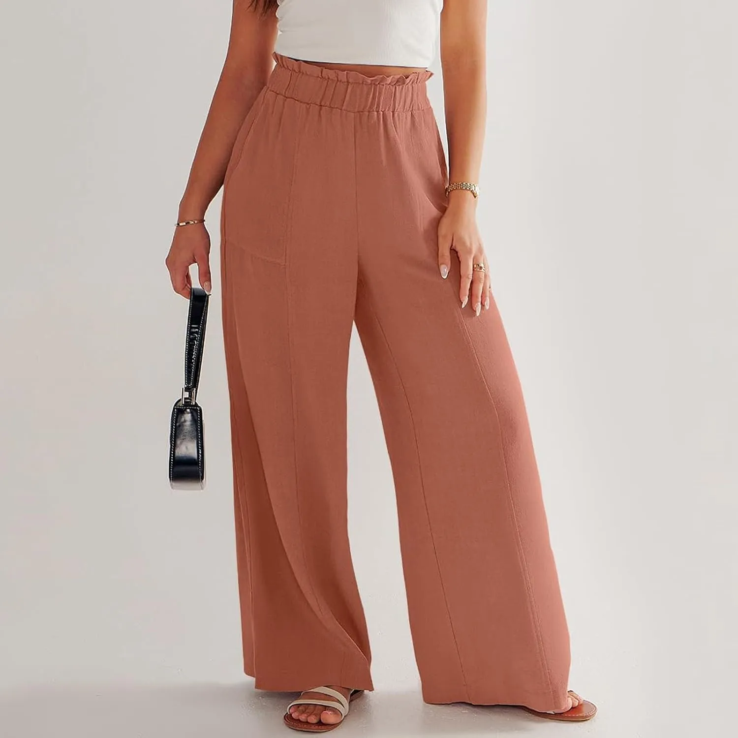 Summer Pants for Women 2025 Vacation Elastic High Waisted Paper Bag Linen Pants Trendy Travel Vacation Trouser with Pockets