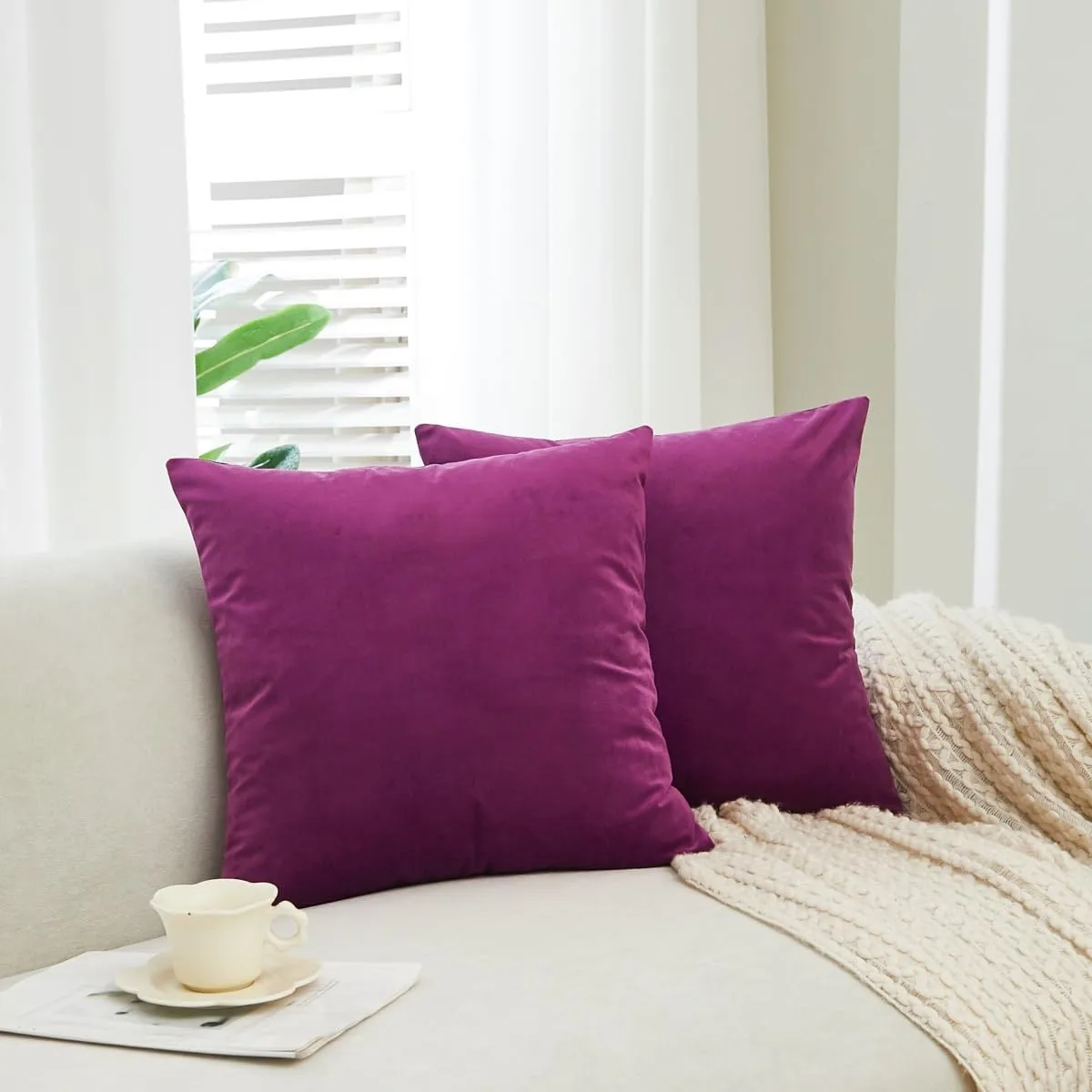 Sunday Praise Set of 2 Solid Velvet Pillow Covers 20x20 Inch Soft Square Decorative Throw Pillow Cases for Sofa Couch Bed Chair Farmhouse Home Decor,Dark Orchid