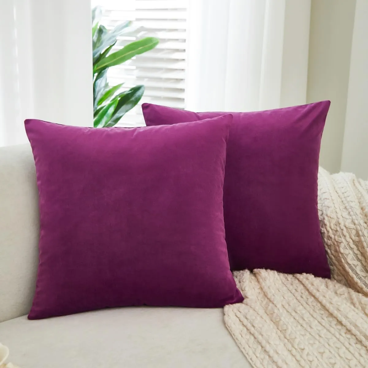 Sunday Praise Set of 2 Solid Velvet Pillow Covers 20x20 Inch Soft Square Decorative Throw Pillow Cases for Sofa Couch Bed Chair Farmhouse Home Decor,Dark Orchid