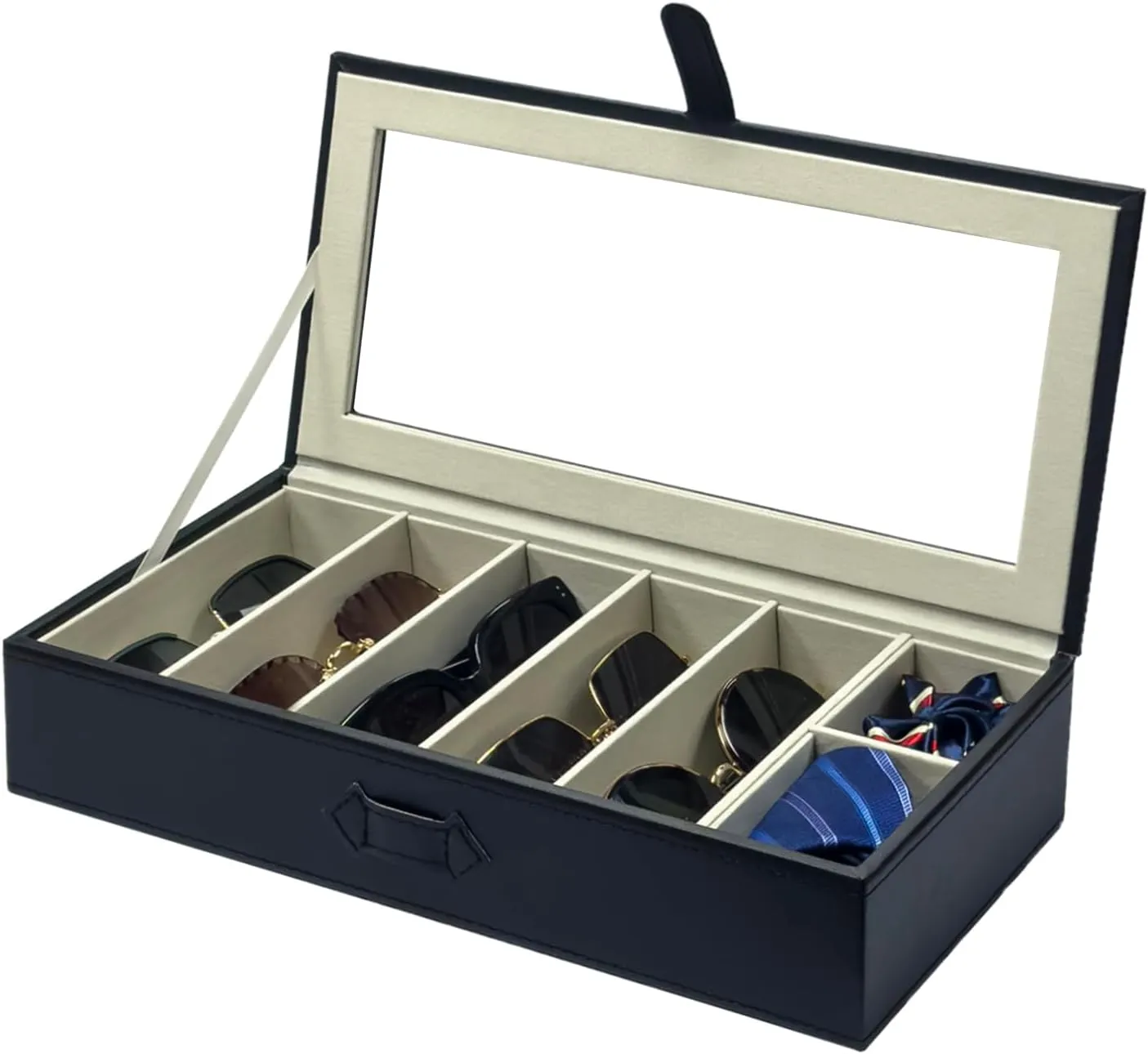 Sunglasses Case Organizer, Multiple Sunglasses Eyeglass Glasses Display Holder Collector, 5 Slots for Sunglasses Storage and 2 Small Slots for Accessories, Black