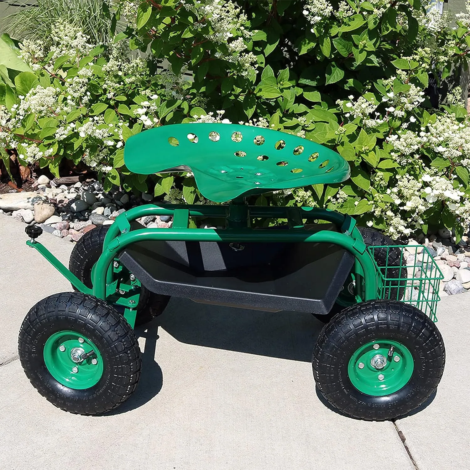 Sunnydaze Rolling Gardening Cart with Adjustable 360-Degree Swivel Seat - Utility Tool Tray and Storage Basket - Green