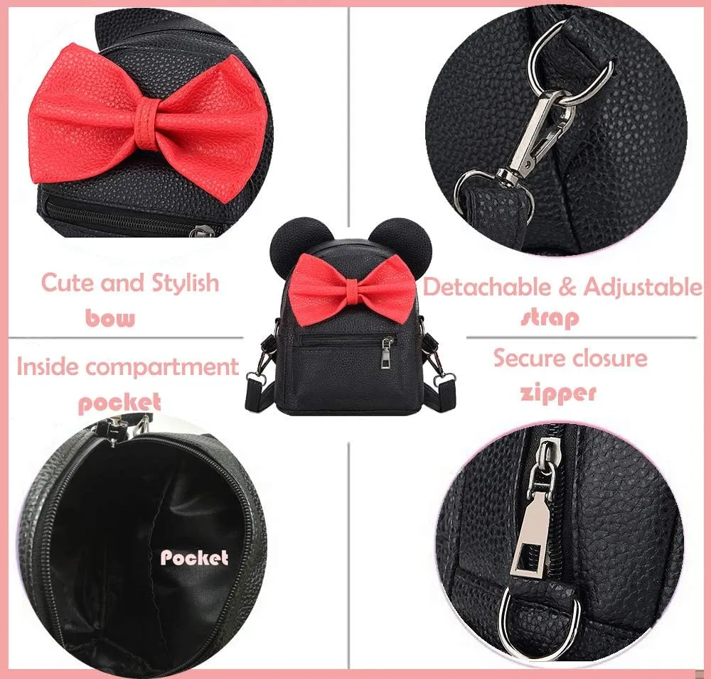 Sunwel Fashion Girls Mini Backpack Purse Mouse Ear Polka-dot Sequin Bow Convertible Backpack to Crossbody Bag for Women (black cotton polkadot bow, W7.5 x H8.7)