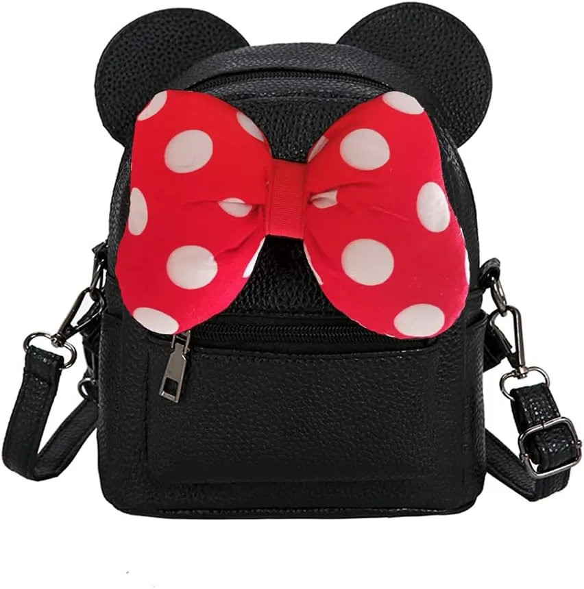 Sunwel Fashion Girls Mini Backpack Purse Mouse Ear Polka-dot Sequin Bow Convertible Backpack to Crossbody Bag for Women (black cotton polkadot bow, W7.5 x H8.7)