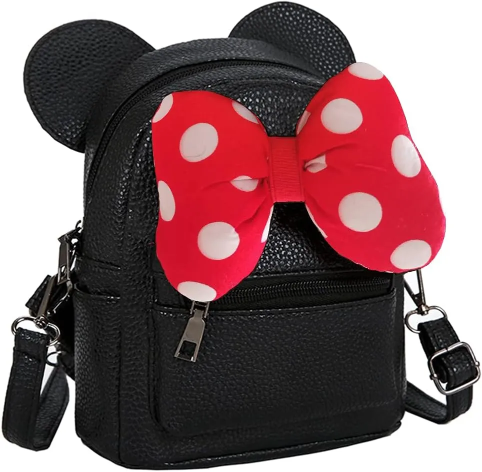 Sunwel Fashion Girls Mini Backpack Purse Mouse Ear Polka-dot Sequin Bow Convertible Backpack to Crossbody Bag for Women (black cotton polkadot bow, W7.5 x H8.7)