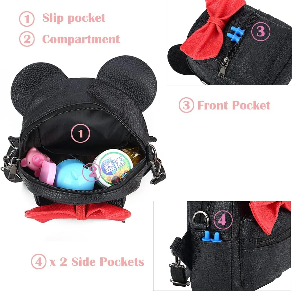 Sunwel Fashion Girls Mini Backpack Purse Mouse Ear Polka-dot Sequin Bow Convertible Backpack to Crossbody Bag for Women (black cotton polkadot bow, W7.5 x H8.7)