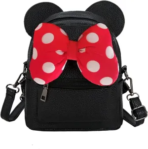 Sunwel Fashion Girls Mini Backpack Purse Mouse Ear Polka-dot Sequin Bow Convertible Backpack to Crossbody Bag for Women (black cotton polkadot bow, W7.5 x H8.7)