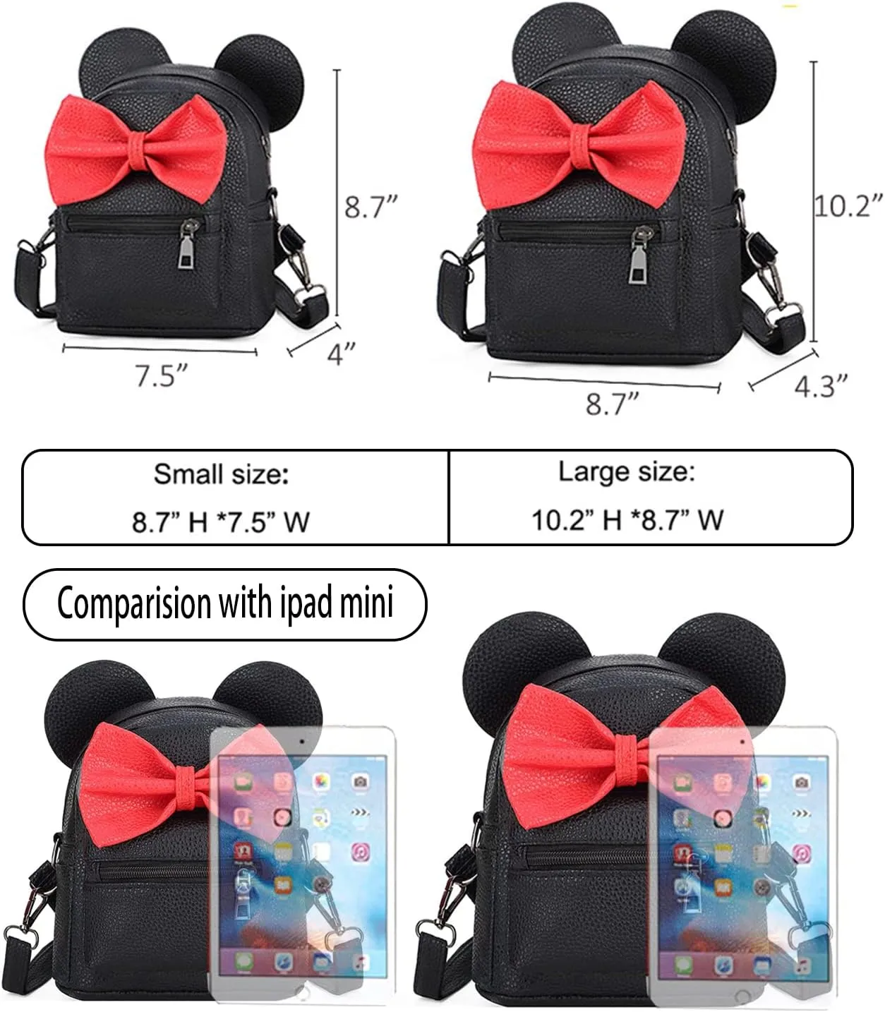 Sunwel Fashion Girls Mini Backpack Purse Mouse Ear Polka-dot Sequin Bow Convertible Backpack to Crossbody Bag for Women (black cotton polkadot bow, W7.5 x H8.7)