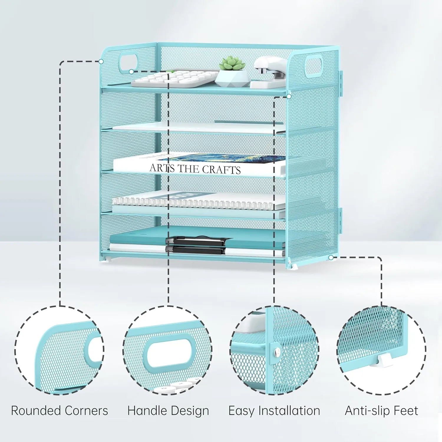 Supeasy 5 Trays Paper Organizer Letter Tray with Handle-Mesh Desk File Organizer, Paper Sorter Desk Organizer for Office, Home or School (Light Blue)