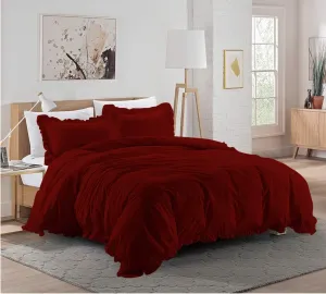 Super Soft 800 TC 3 Piece Burgundy Edge Ruffle Frilled Twin Duvet Cover Set (Duvet Cover   2 Pillowcases) Egyptian Cotton Button Closure Bedding Duvet Cover