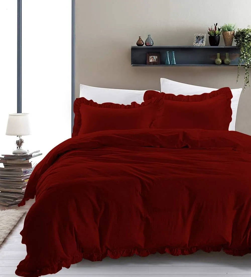 Super Soft 800 TC 3 Piece Burgundy Edge Ruffle Frilled Twin Duvet Cover Set (Duvet Cover   2 Pillowcases) Egyptian Cotton Button Closure Bedding Duvet Cover