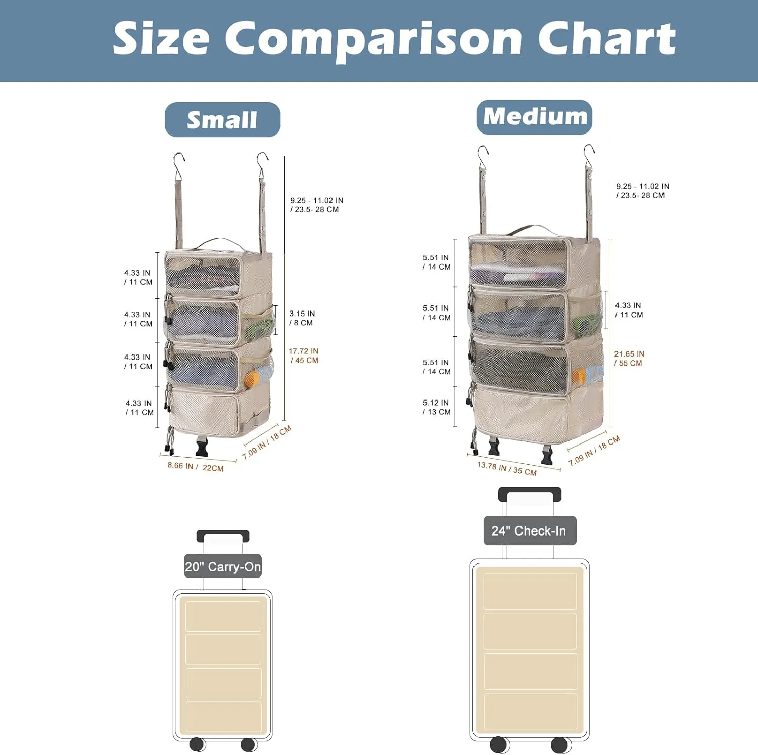 Surblue Hanging Travel Organizer Portable Hanging Luggage Organizer Multiple Compartments Collapsible Compression Closet Packing Cubes,Beige,S