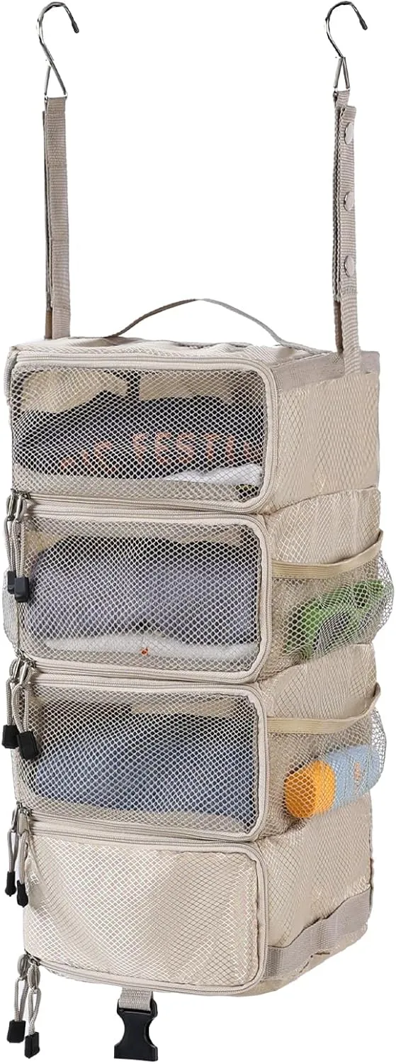 Surblue Hanging Travel Organizer Portable Hanging Luggage Organizer Multiple Compartments Collapsible Compression Closet Packing Cubes,Beige,S