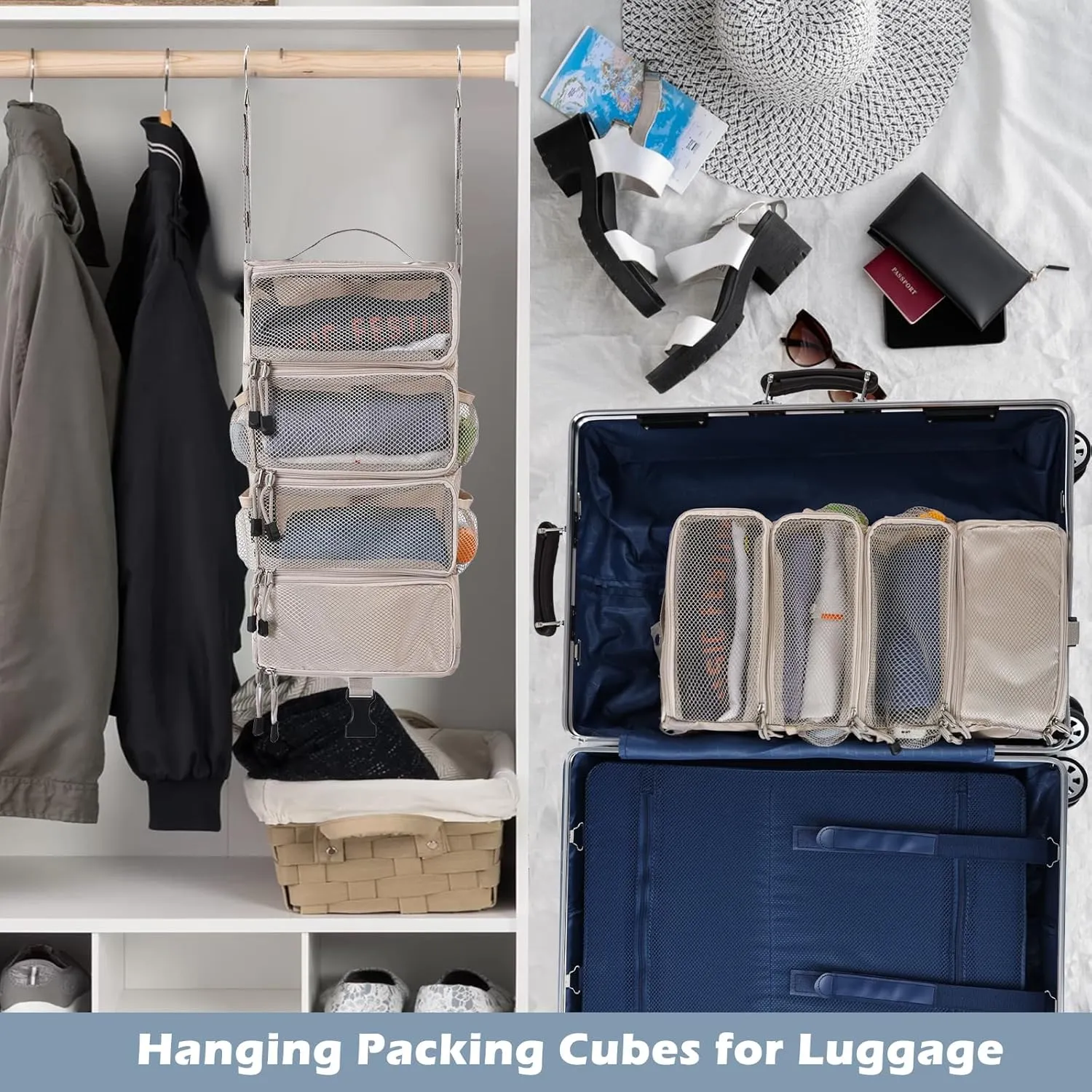 Surblue Hanging Travel Organizer Portable Hanging Luggage Organizer Multiple Compartments Collapsible Compression Closet Packing Cubes,Beige,S