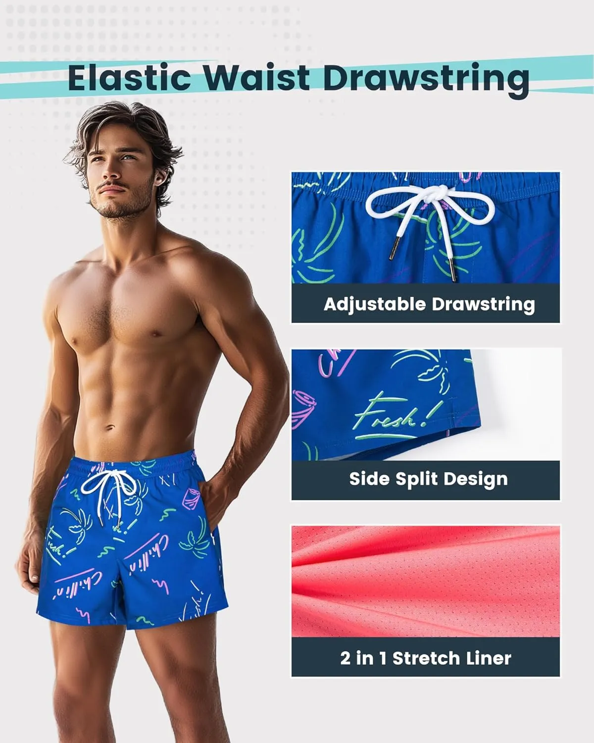 SURF CUZ Mens Swim Trunks with Compression Liner Quick Dry Swim Shorts Swimming Trunks 2 in 1 Bathing Suit Zipper Pockets