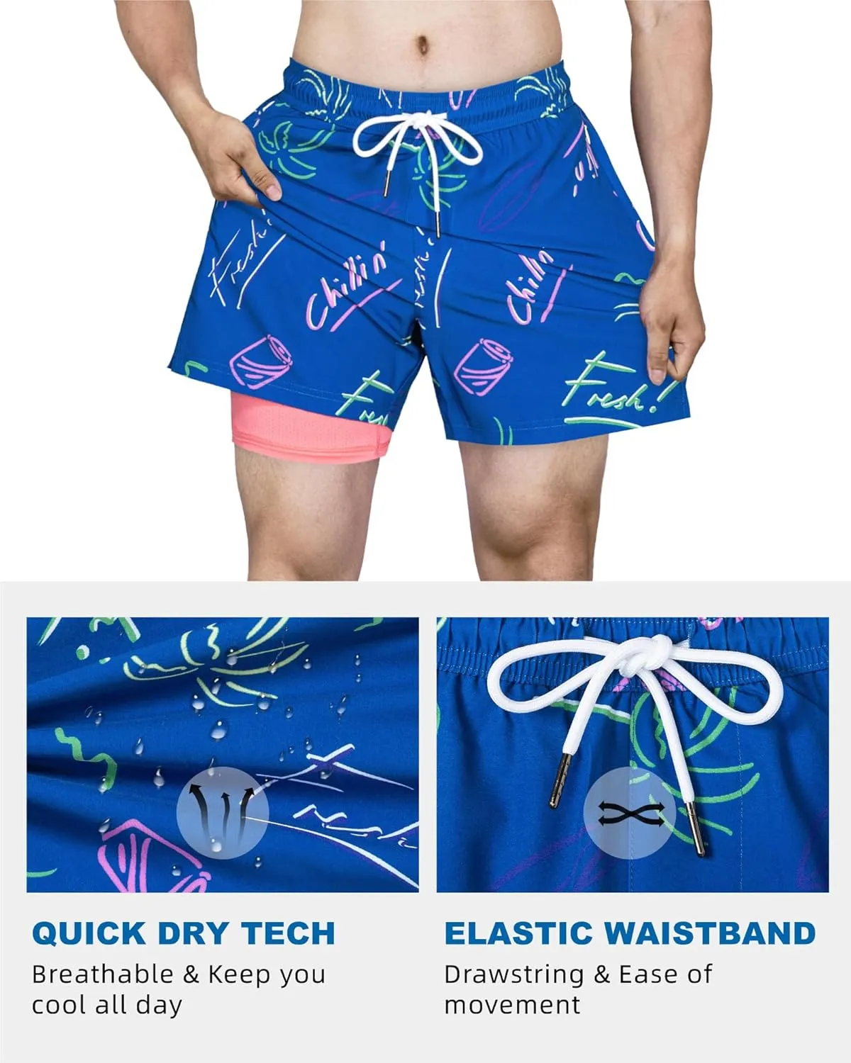 SURF CUZ Mens Swim Trunks with Compression Liner Quick Dry Swim Shorts Swimming Trunks 2 in 1 Bathing Suit Zipper Pockets