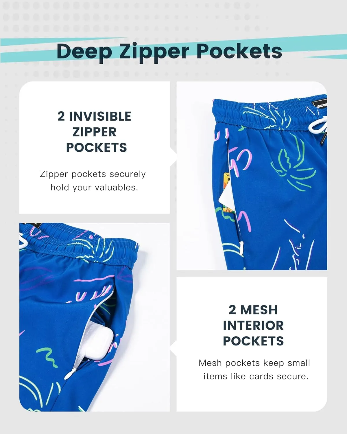 SURF CUZ Mens Swim Trunks with Compression Liner Quick Dry Swim Shorts Swimming Trunks 2 in 1 Bathing Suit Zipper Pockets