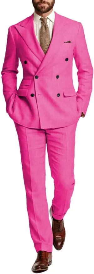 SUZHIMO Men's Linen Suit Double Breasted Suit Men 2 Piece Slim Fit Summer Wedding Suit