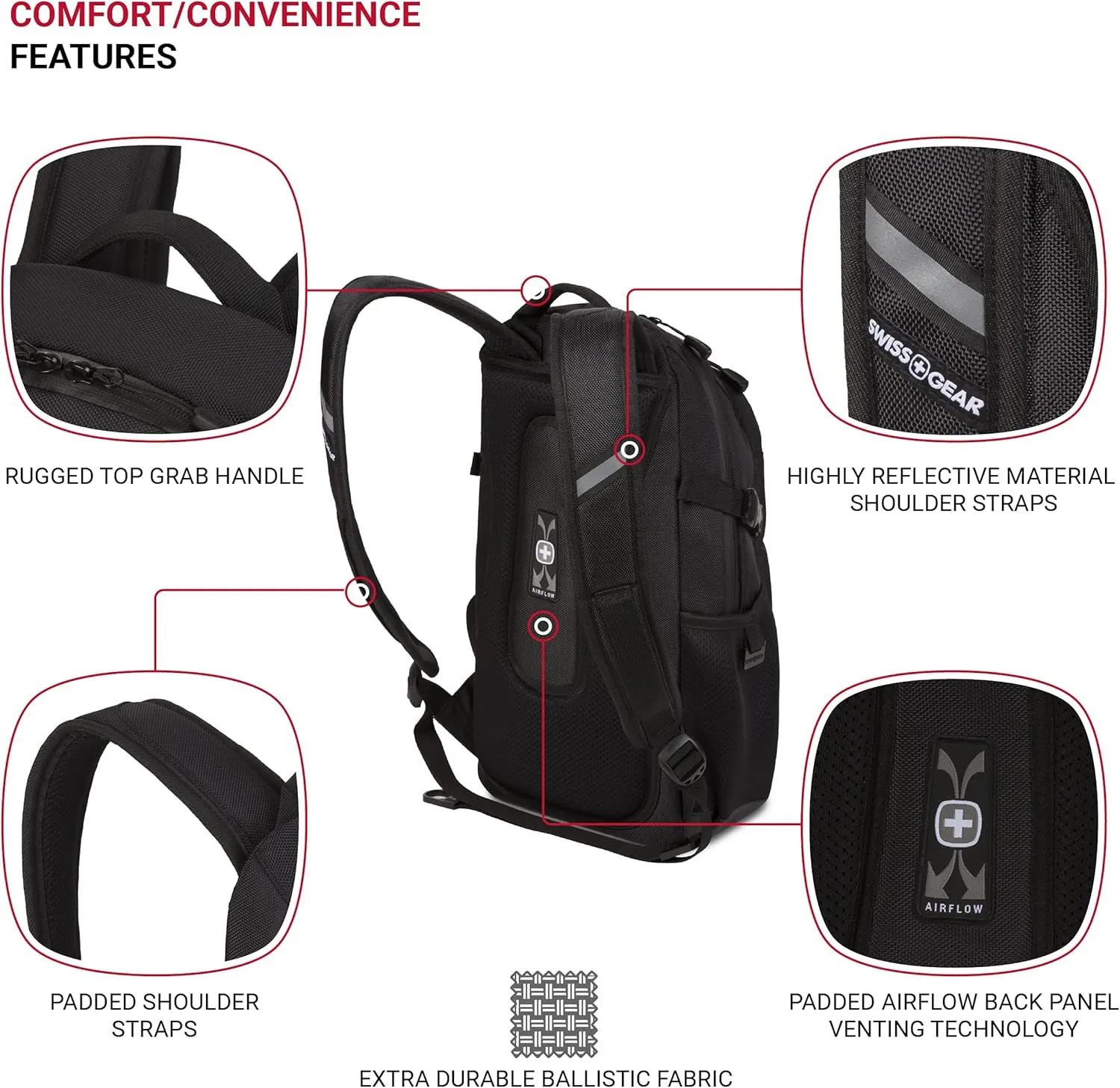 SwissGear 3598 Backpack Narrow Daypack, Black Ballistic, 18-Inch