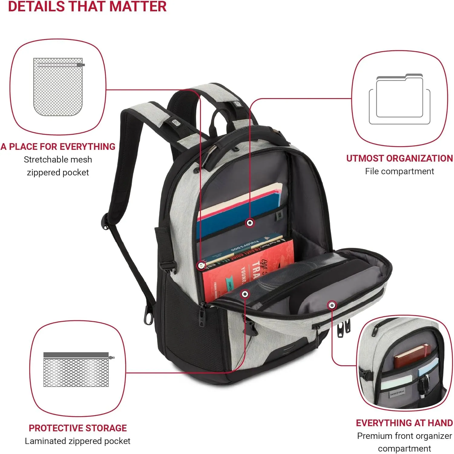 SwissGear Travel Tech Pro Laptop Backpack – Fits Laptops up to 16” – ScanSmart TSA-Friendly Backpack with Multiple Organizer Pockets – Grey Heather